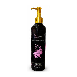 ‘Koriem Rosemary & Ginseng Hydrate & Repair Conditioner in black bottles with gold pumps.