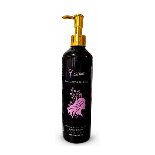 ‘Koriem Rosemary & Ginseng Hydrate & Repair Conditioner in black bottles with gold pumps.