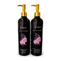 ‘Koriem Rosemary & Ginseng Shampoo and Conditioner duo in black bottles with gold pumps.