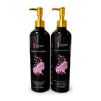 ‘Koriem Rosemary & Ginseng Shampoo and Conditioner duo in black bottles with gold pumps.