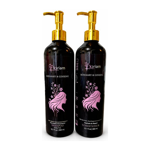 ‘Koriem Rosemary & Ginseng Shampoo and Conditioner duo in black bottles with gold pumps.