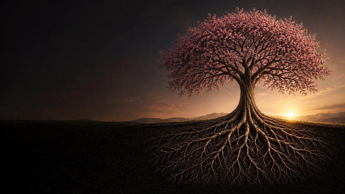 A blush flowering tree with an intricate connected root system