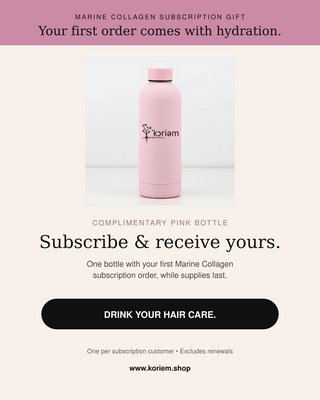 Complimentary Koriem pink water bottle with first Marine Collagen subscription order