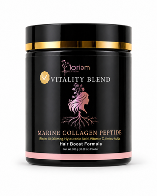 'Koriem Marine Collagen + Biotin with Gut Support — Vitality Blend Hair Boost Formula powder, 300g black jar with gold lid