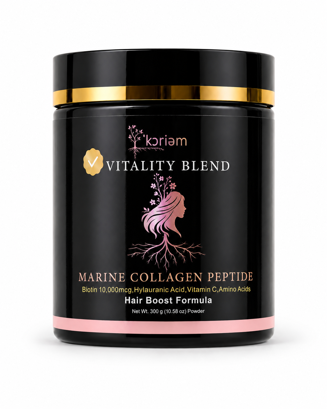 'Koriem Marine Collagen + Biotin with Gut Support — Vitality Blend Hair Boost Formula powder, 300g black jar with gold lid
